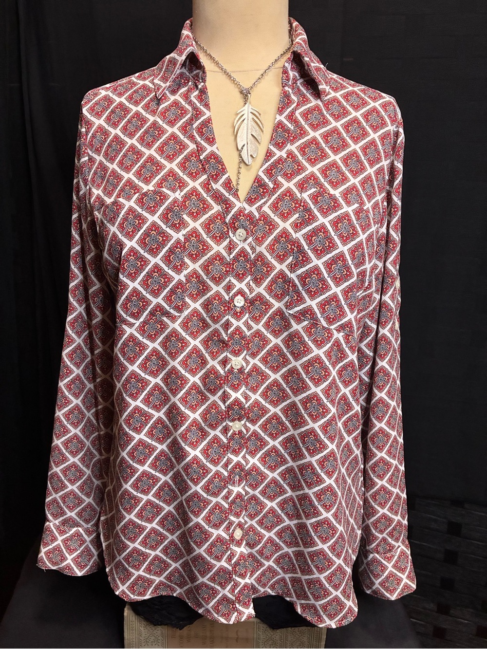 Express Red and White Geometric Button-Down Shirt